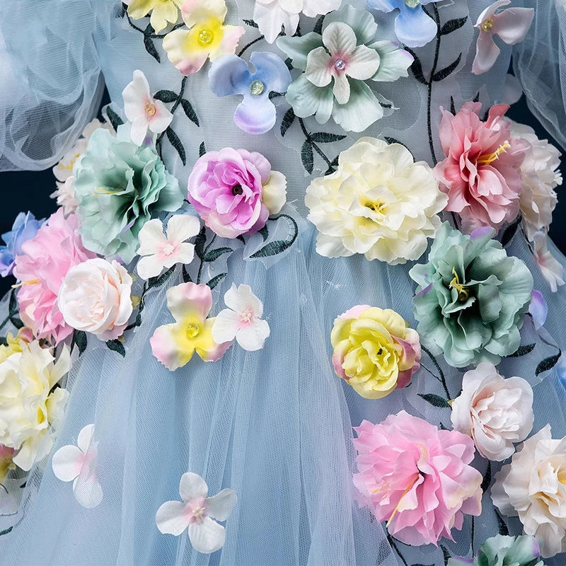 Princess Blue Tulle Back Zip Baptism Flower(s) Tea Length Short Sleeve Puff Sleeve V-Neck Flower Girl Dress