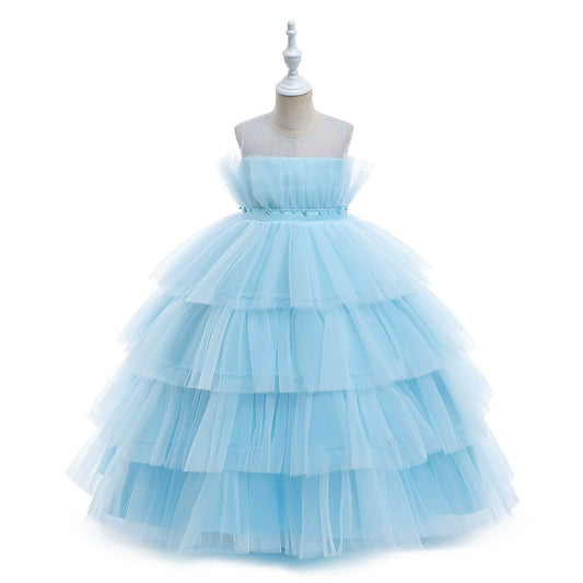 Princess Blue Tulle Back Zip Baptism Pleated Floor Length Sleeveless Round Flower Girl Dress