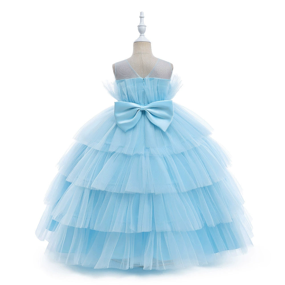 Princess Blue Tulle Back Zip Baptism Pleated Floor Length Sleeveless Round Flower Girl Dress