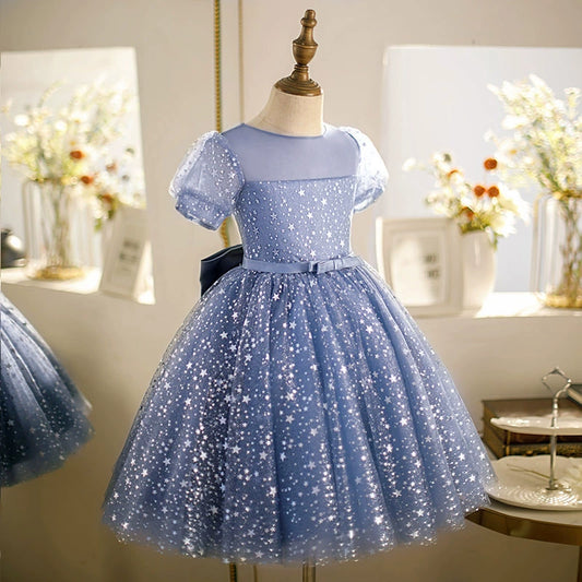 Princess Blue Tulle Back Zip Baptism Sequins Short Sleeve Puff Sleeve Round Flower Girl Dress