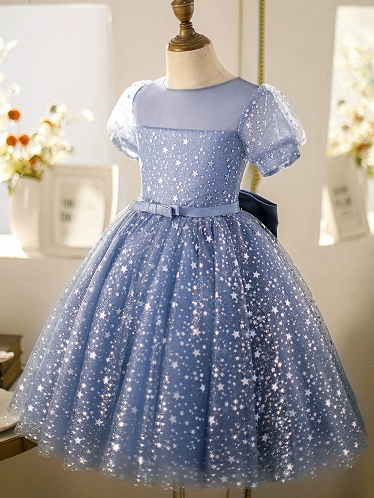 Princess Blue Tulle Back Zip Baptism Sequins Short Sleeve Puff Sleeve Round Flower Girl Dress