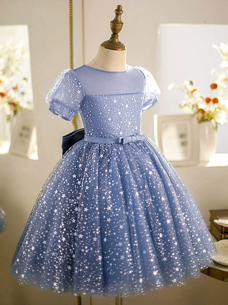 Princess Blue Tulle Back Zip Baptism Sequins Short Sleeve Puff Sleeve Round Flower Girl Dress