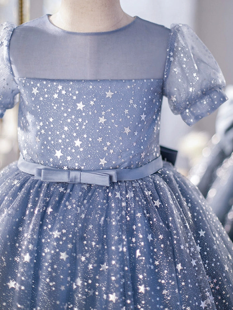 Princess Blue Tulle Back Zip Baptism Sequins Short Sleeve Puff Sleeve Round Flower Girl Dress