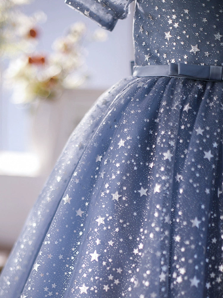 Princess Blue Tulle Back Zip Baptism Sequins Short Sleeve Puff Sleeve Round Flower Girl Dress