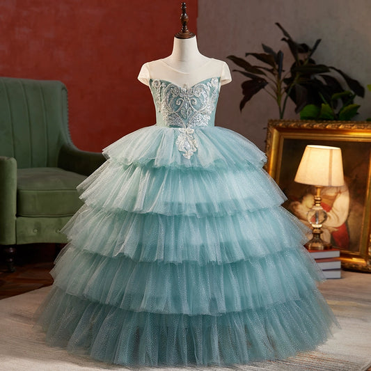Princess Blue Tulle Crossed Straps Baptism Lace Floor Length Sleeveless Scoop Flower Girl Dress