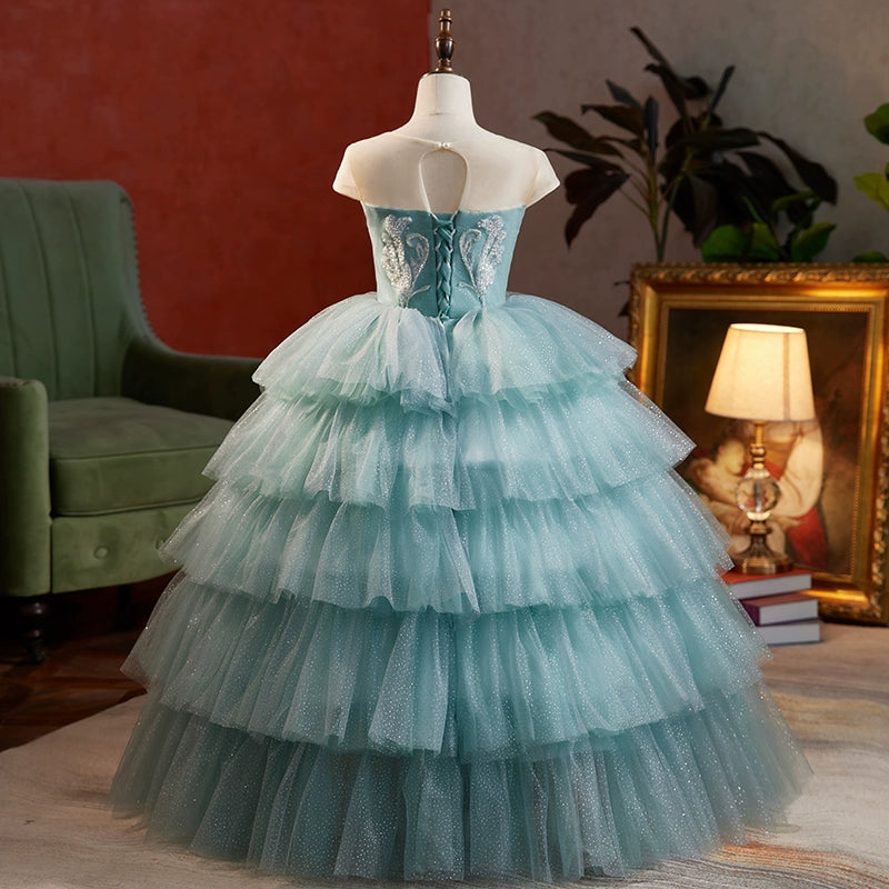 Princess Blue Tulle Crossed Straps Baptism Lace Floor Length Sleeveless Scoop Flower Girl Dress