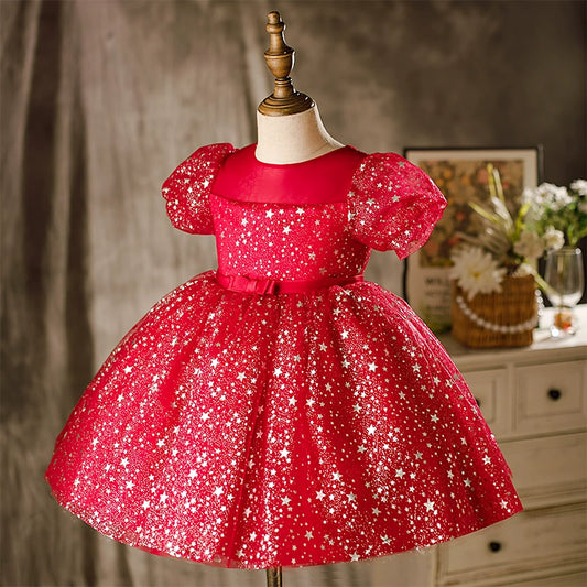 Princess Burgundy Organza Back Zip Baptism Sequins Tea Length Short Sleeve Puff Sleeve Round Flower Girl Dress