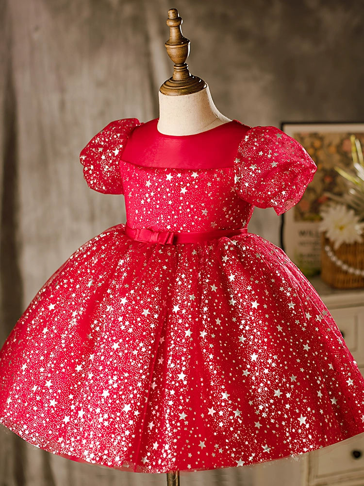 Princess Burgundy Organza Back Zip Baptism Sequins Tea Length Short Sleeve Puff Sleeve Round Flower Girl Dress