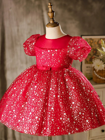 Princess Burgundy Organza Back Zip Baptism Sequins Tea Length Short Sleeve Puff Sleeve Round Flower Girl Dress