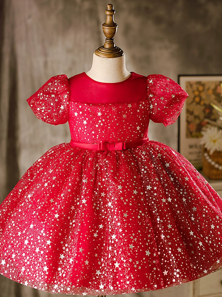 Princess Burgundy Organza Back Zip Baptism Sequins Tea Length Short Sleeve Puff Sleeve Round Flower Girl Dress