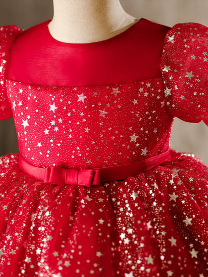 Princess Burgundy Organza Back Zip Baptism Sequins Tea Length Short Sleeve Puff Sleeve Round Flower Girl Dress