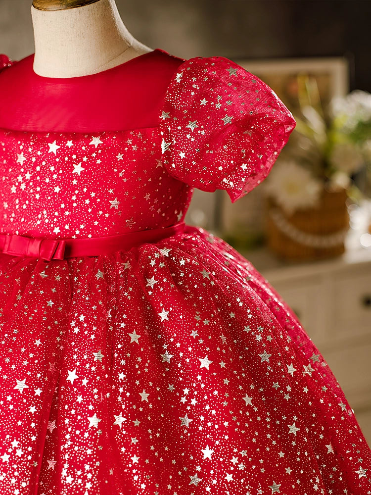 Princess Burgundy Organza Back Zip Baptism Sequins Tea Length Short Sleeve Puff Sleeve Round Flower Girl Dress