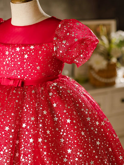 Princess Burgundy Organza Back Zip Baptism Sequins Tea Length Short Sleeve Puff Sleeve Round Flower Girl Dress