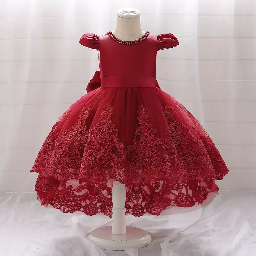 Princess Burgundy Satin Back Zip Baptism Lace Tea Length Short Sleeve Cap Sleeve Jewel Neck Flower Girl Dress