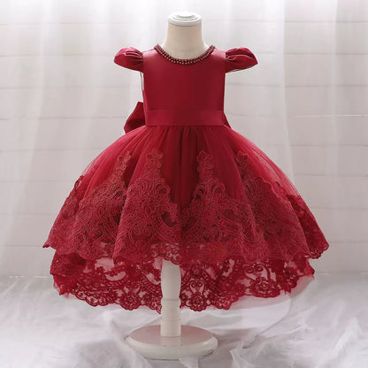 Princess Burgundy Satin Back Zip Baptism Lace Tea Length Short Sleeve Cap Sleeve Jewel Neck Flower Girl Dress