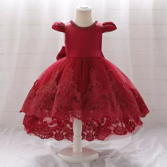Princess Burgundy Satin Back Zip Baptism Lace Tea Length Short Sleeve Cap Sleeve Jewel Neck Flower Girl Dress