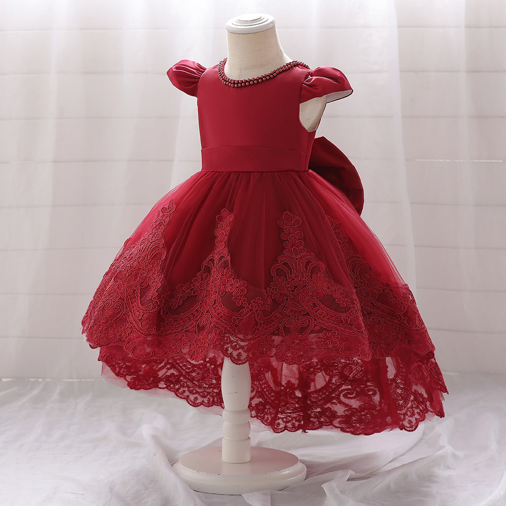 Princess Burgundy Satin Back Zip Baptism Lace Tea Length Short Sleeve Cap Sleeve Jewel Neck Flower Girl Dress
