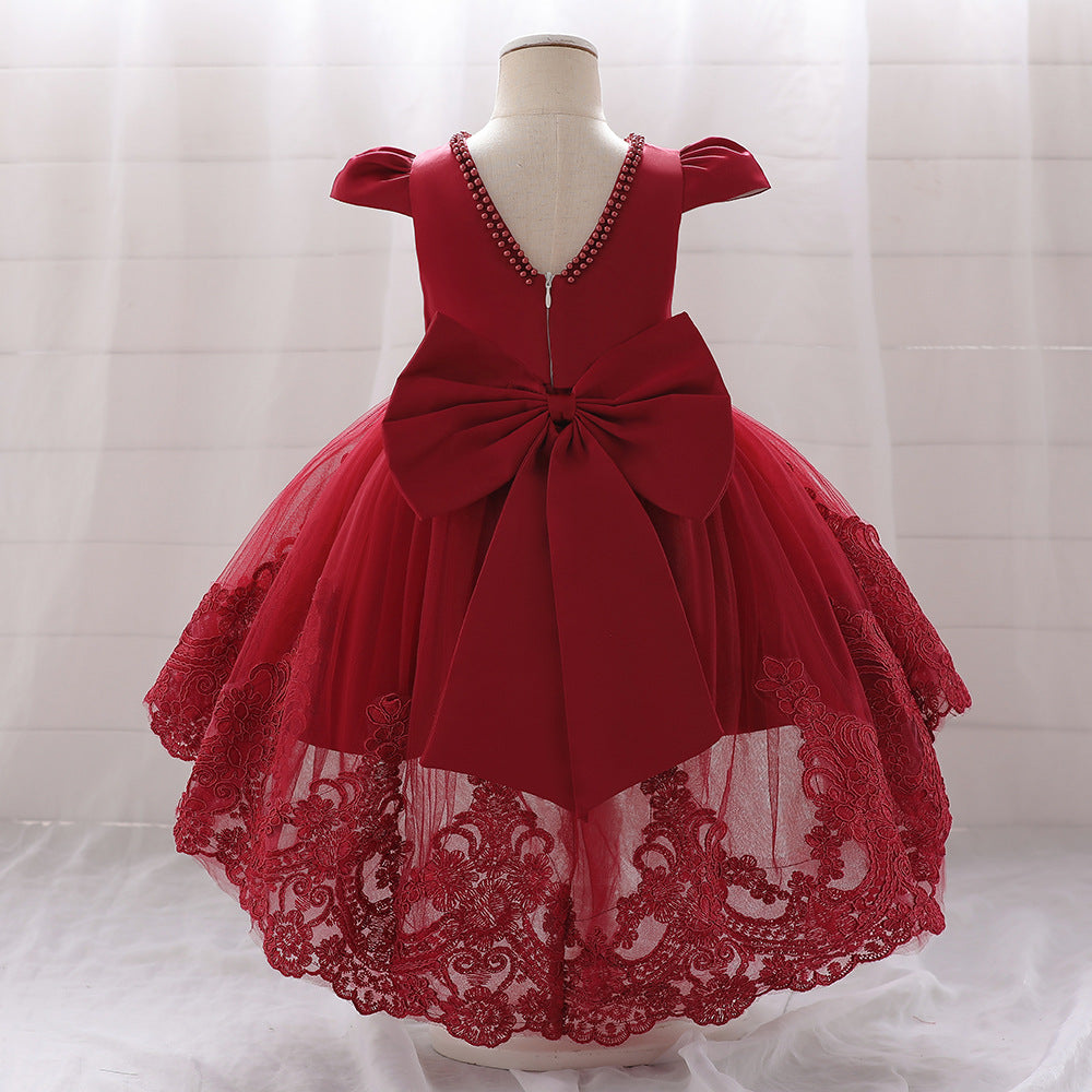 Princess Burgundy Satin Back Zip Baptism Lace Tea Length Short Sleeve Cap Sleeve Jewel Neck Flower Girl Dress