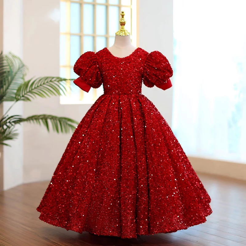 Princess Burgundy Sequined Back Zip Baptism Sequins Floor Length Short Sleeve Puff Sleeve Round Flower Girl Dress