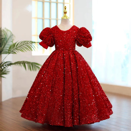 Princess Burgundy Sequined Back Zip Baptism Sequins Floor Length Short Sleeve Puff Sleeve Round Flower Girl Dress