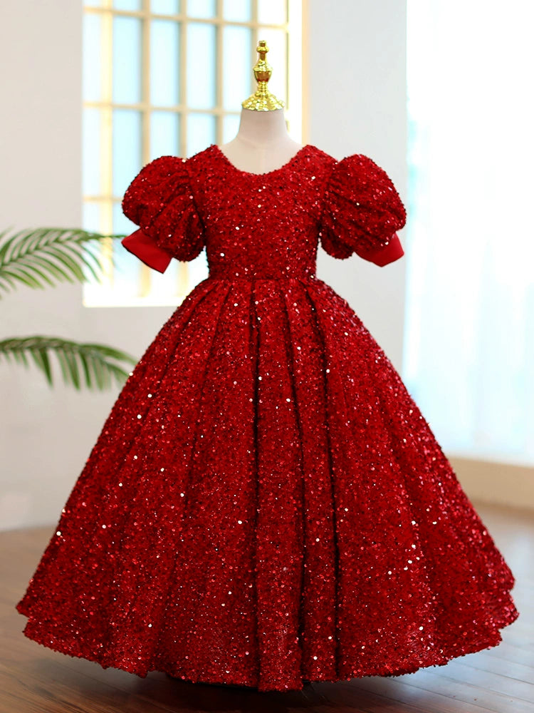 Princess Burgundy Sequined Back Zip Baptism Sequins Floor Length Short Sleeve Puff Sleeve Round Flower Girl Dress