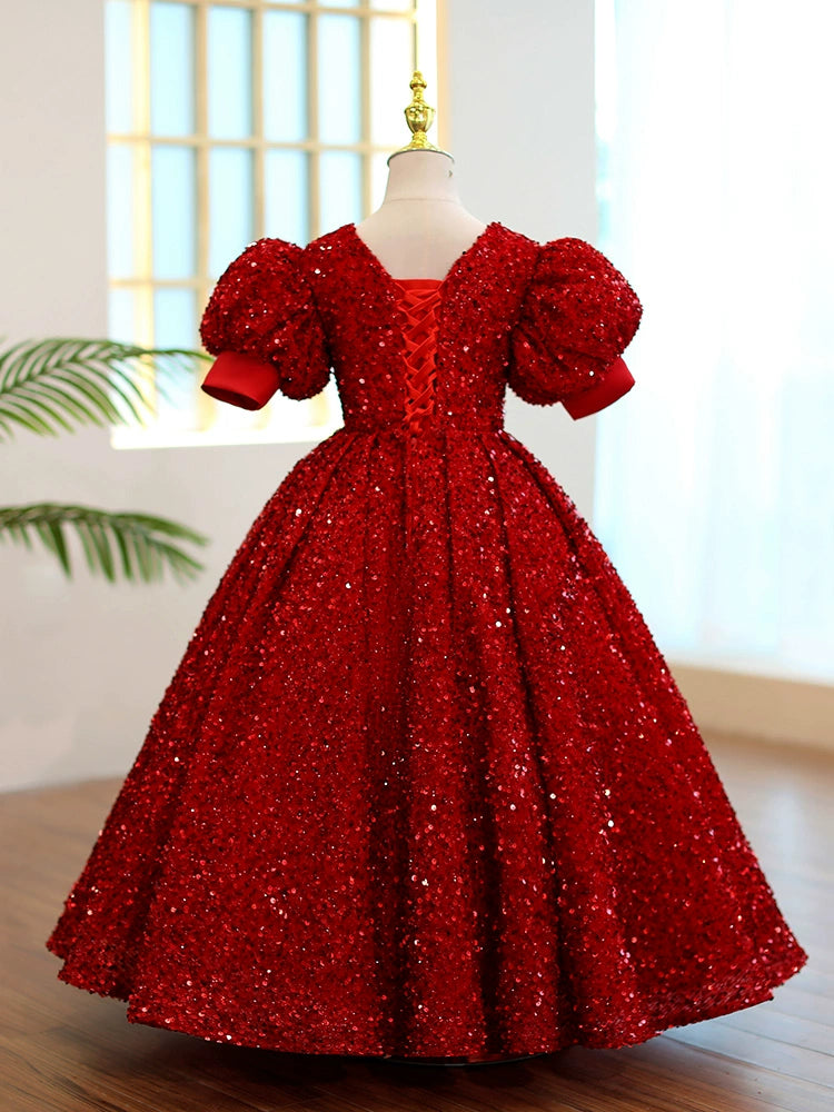 Princess Burgundy Sequined Back Zip Baptism Sequins Floor Length Short Sleeve Puff Sleeve Round Flower Girl Dress
