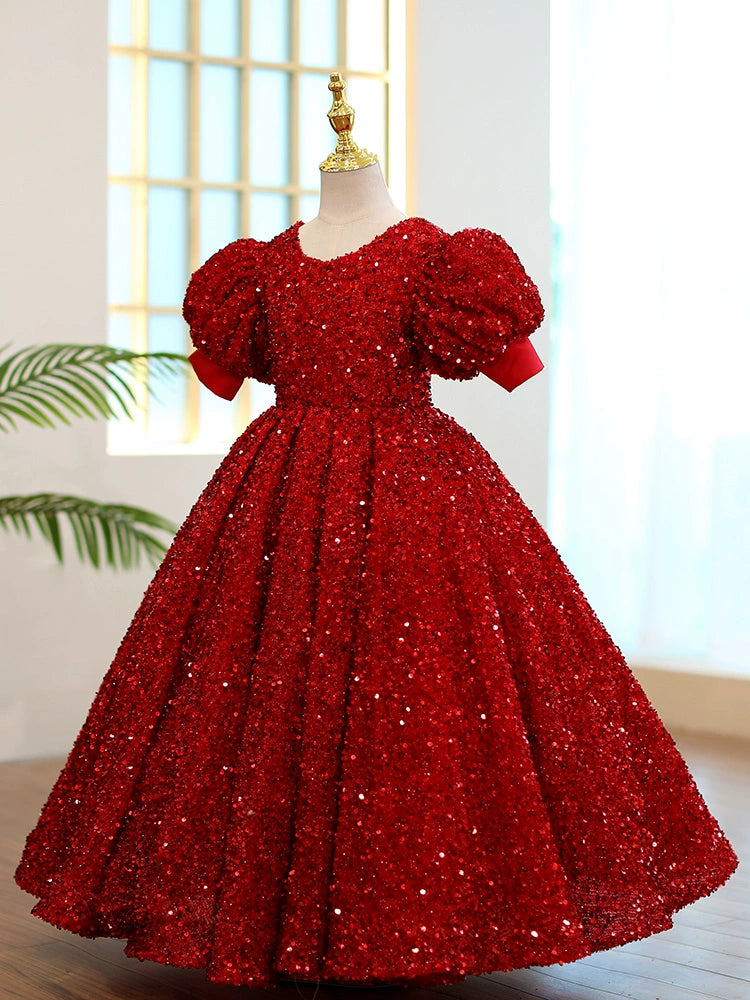 Princess Burgundy Sequined Back Zip Baptism Sequins Floor Length Short Sleeve Puff Sleeve Round Flower Girl Dress