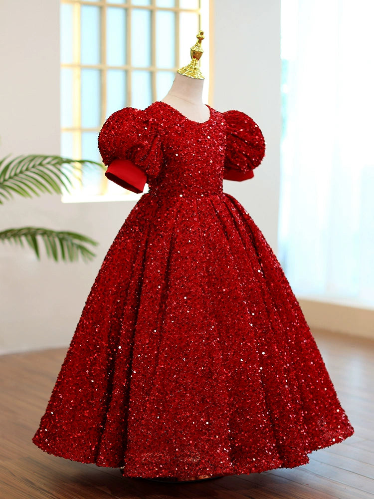 Princess Burgundy Sequined Back Zip Baptism Sequins Floor Length Short Sleeve Puff Sleeve Round Flower Girl Dress