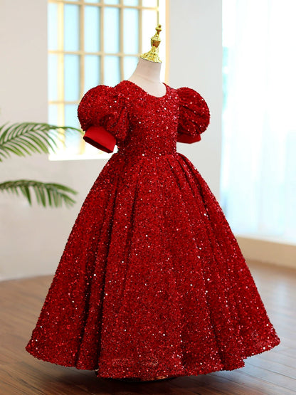 Princess Burgundy Sequined Back Zip Baptism Sequins Floor Length Short Sleeve Puff Sleeve Round Flower Girl Dress
