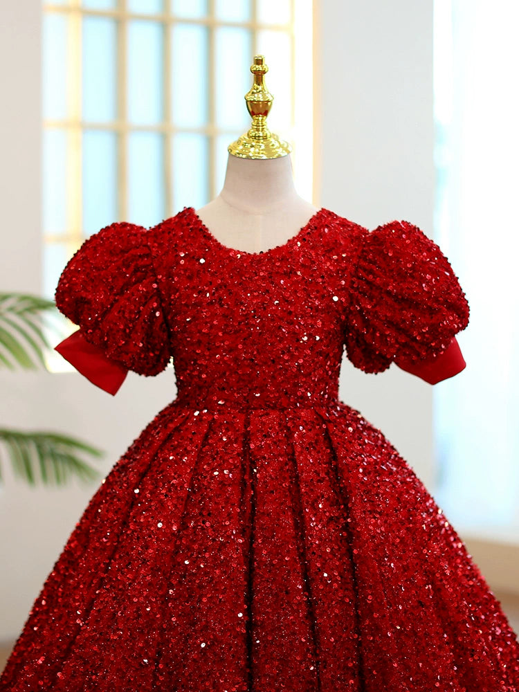 Princess Burgundy Sequined Back Zip Baptism Sequins Floor Length Short Sleeve Puff Sleeve Round Flower Girl Dress