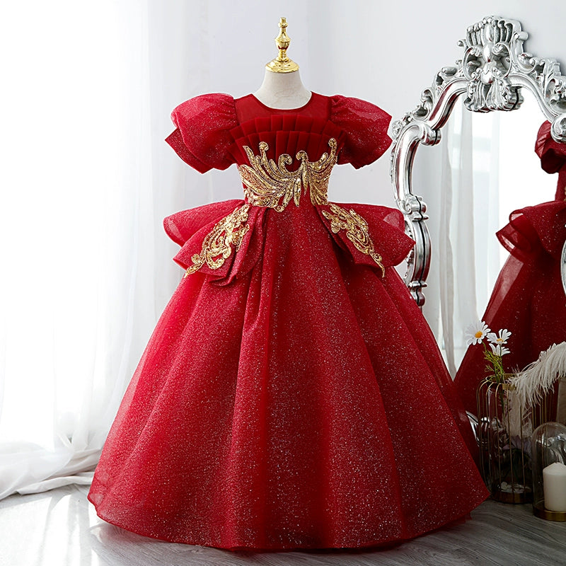 Princess Burgundy Sequined Crossed Straps Baptism Lace Floor Length Short Sleeve Puff Sleeve Round Flower Girl Dress