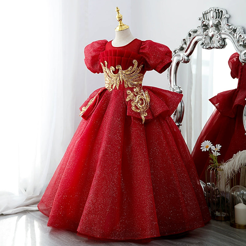 Princess Burgundy Sequined Crossed Straps Baptism Lace Floor Length Short Sleeve Puff Sleeve Round Flower Girl Dress