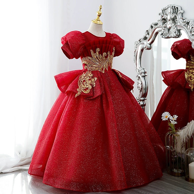 Princess Burgundy Sequined Crossed Straps Baptism Lace Floor Length Short Sleeve Puff Sleeve Round Flower Girl Dress