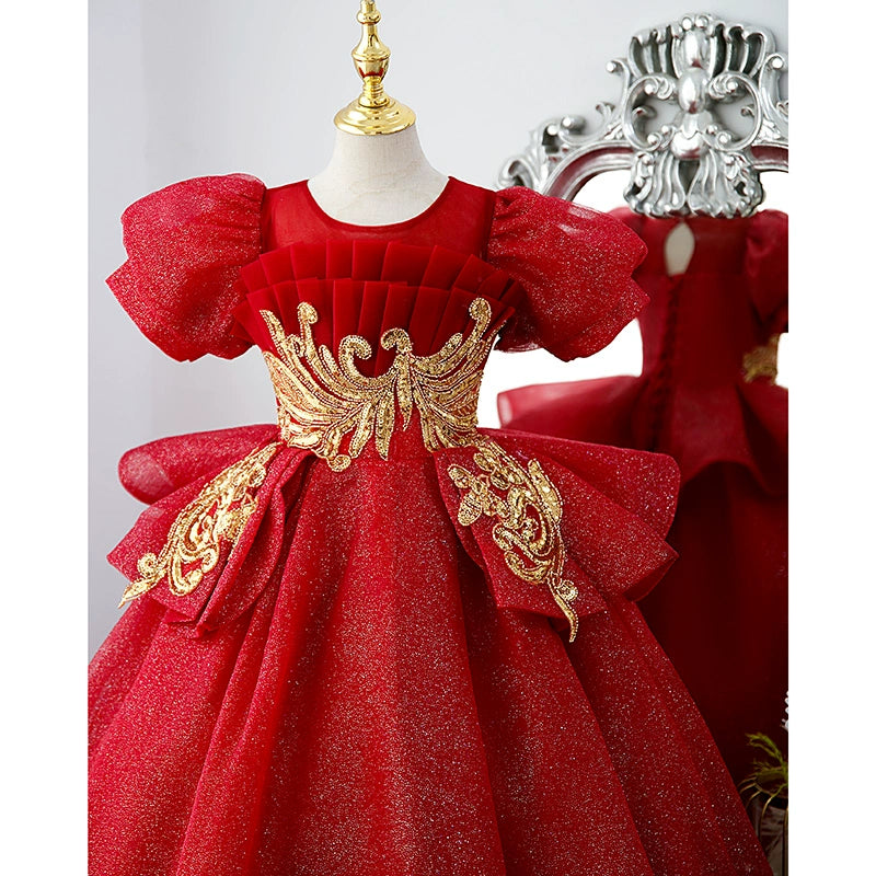 Princess Burgundy Sequined Crossed Straps Baptism Lace Floor Length Short Sleeve Puff Sleeve Round Flower Girl Dress