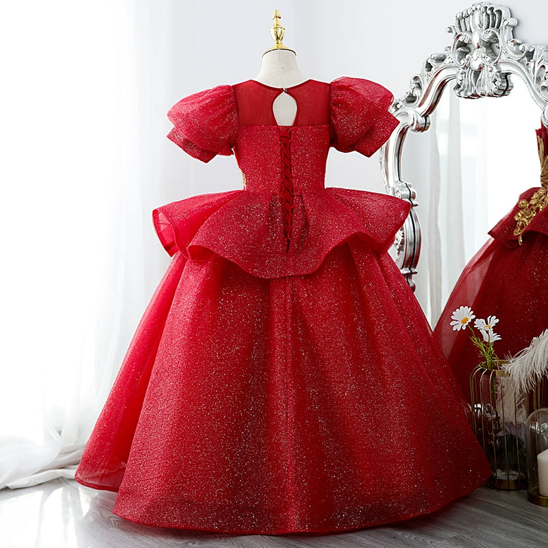 Princess Burgundy Sequined Crossed Straps Baptism Lace Floor Length Short Sleeve Puff Sleeve Round Flower Girl Dress