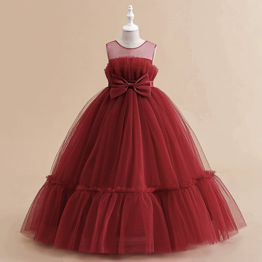 Princess Burgundy Tulle Back Zip Baptism Pleated Floor Length Sleeveless Round Flower Girl Dress