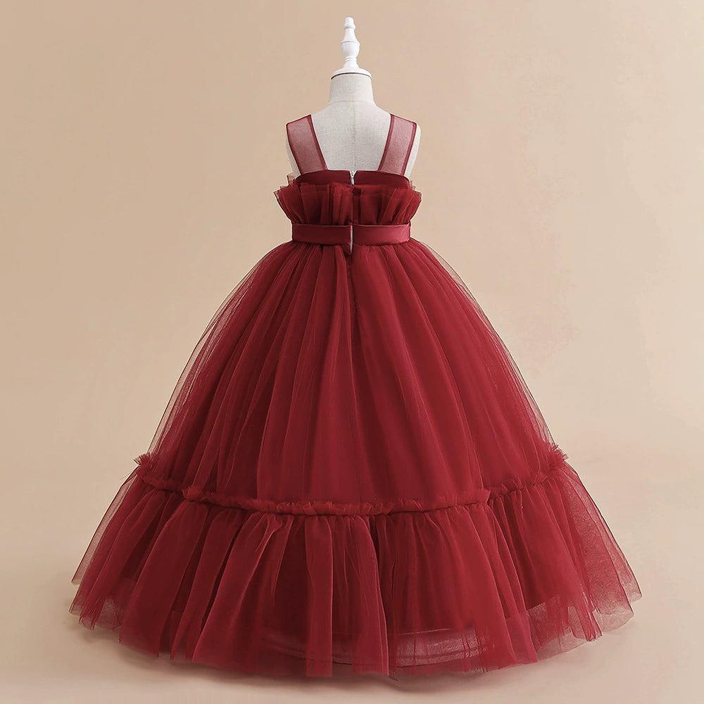 Princess Burgundy Tulle Back Zip Baptism Pleated Floor Length Sleeveless Round Flower Girl Dress