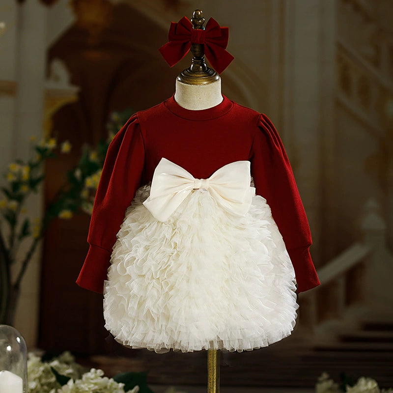 Princess Burgundy Tulle Baptism Bow(s) Tea Length Long Sleeve Round Flower Girl Dress