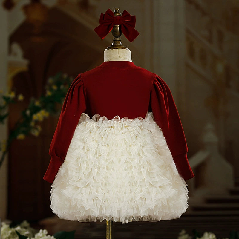 Princess Burgundy Tulle Baptism Bow(s) Tea Length Long Sleeve Round Flower Girl Dress