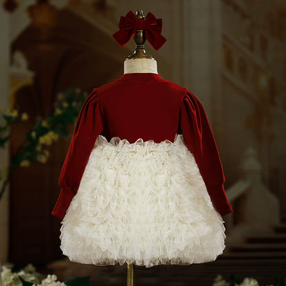Princess Burgundy Tulle Baptism Bow(s) Tea Length Long Sleeve Round Flower Girl Dress