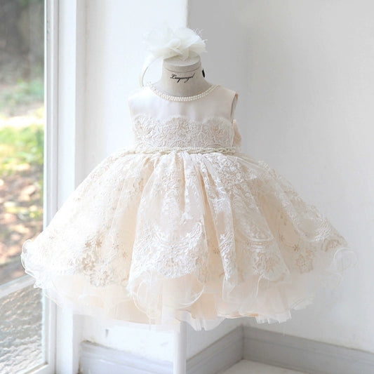 Princess Champagne Lace Back Zip Baptism Lace Tea Length Sleeveless Jewel Neck Flower Girl Dress