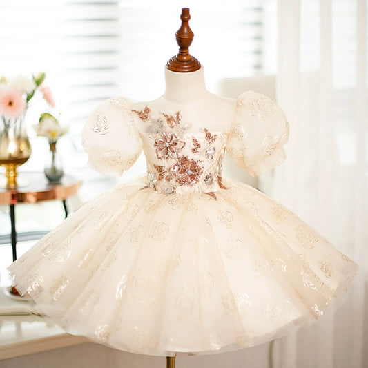 Princess Champagne Organza Back Zip Baptism Flower(s) Tea Length Short Sleeve Puff Sleeve Round Flower Girl Dress