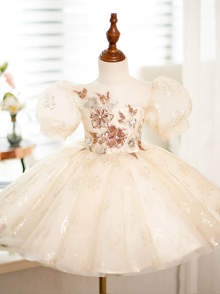 Princess Champagne Organza Back Zip Baptism Flower(s) Tea Length Short Sleeve Puff Sleeve Round Flower Girl Dress