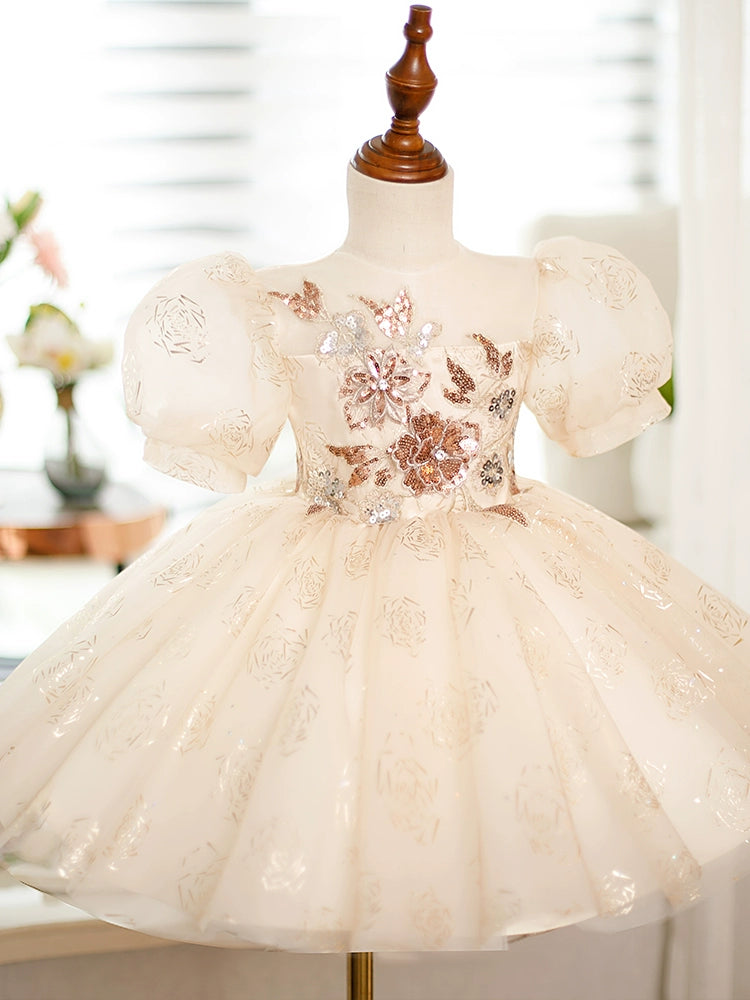 Princess Champagne Organza Back Zip Baptism Flower(s) Tea Length Short Sleeve Puff Sleeve Round Flower Girl Dress
