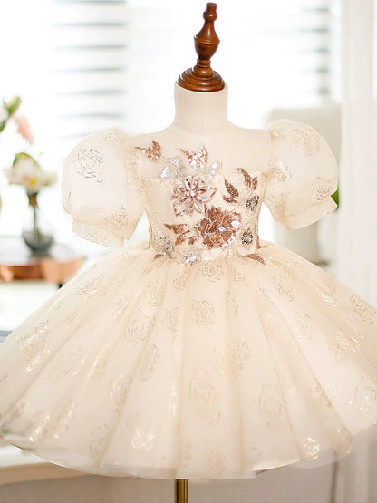 Princess Champagne Organza Back Zip Baptism Flower(s) Tea Length Short Sleeve Puff Sleeve Round Flower Girl Dress