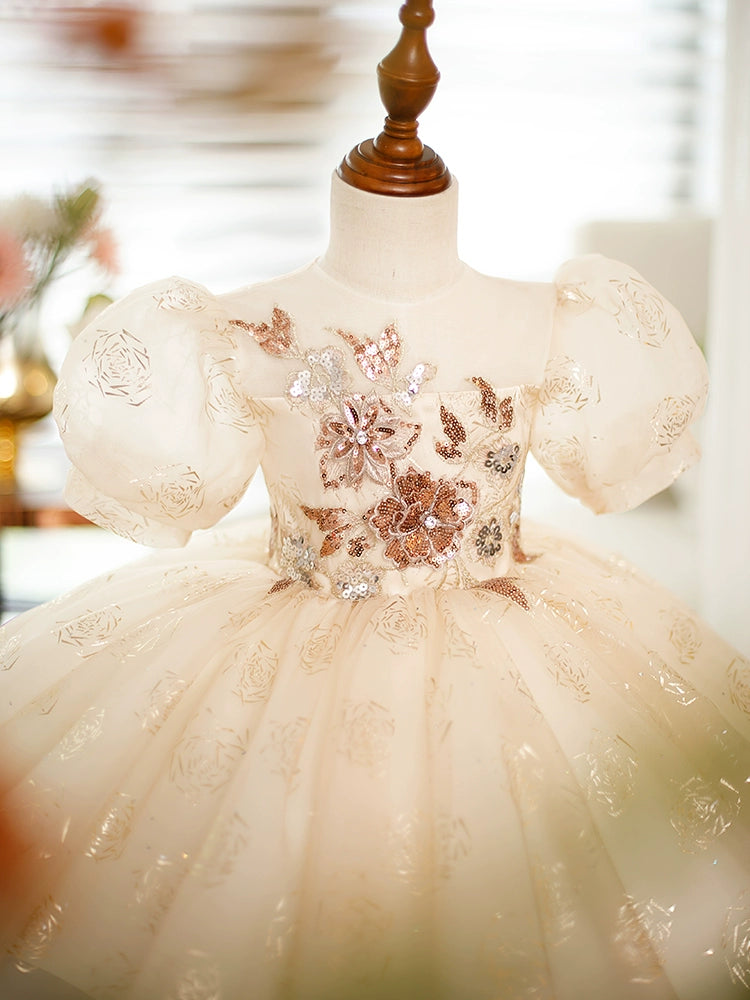 Princess Round Tea Length Organza Flower Girl Dress in Champagne