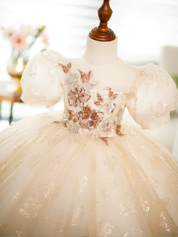 Princess Champagne Organza Back Zip Baptism Flower(s) Tea Length Short Sleeve Puff Sleeve Round Flower Girl Dress