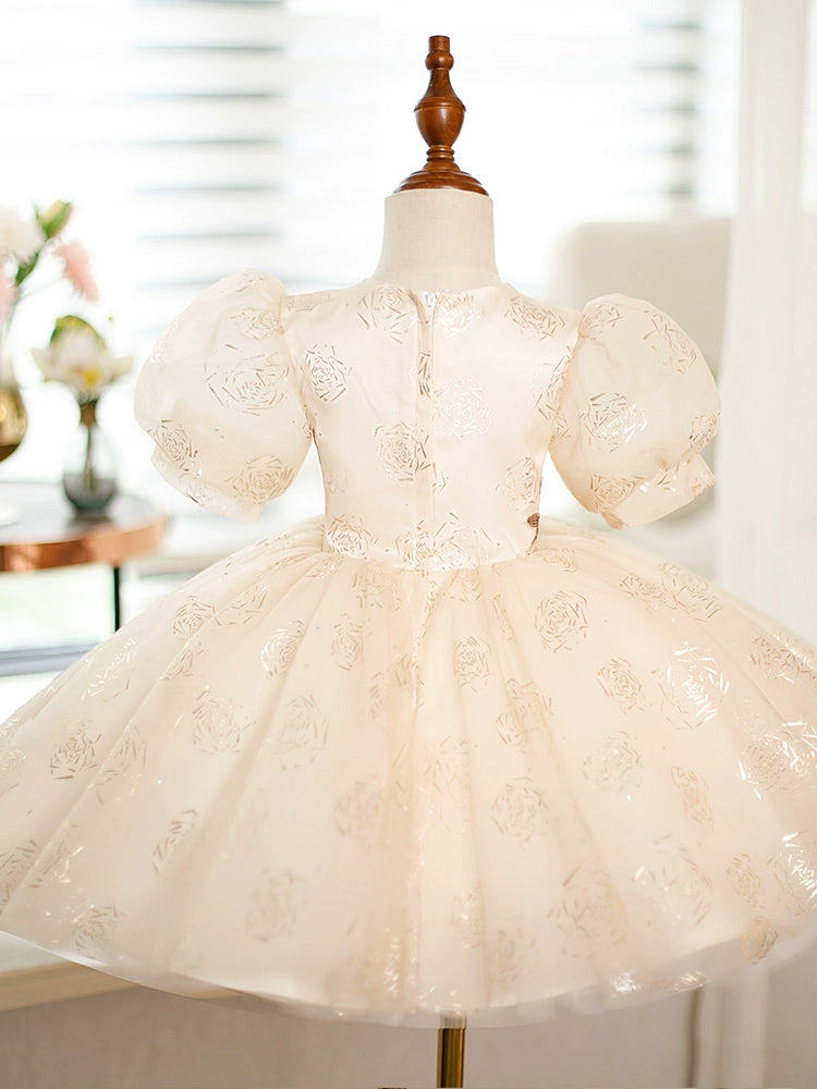 Princess Champagne Organza Back Zip Baptism Flower(s) Tea Length Short Sleeve Puff Sleeve Round Flower Girl Dress