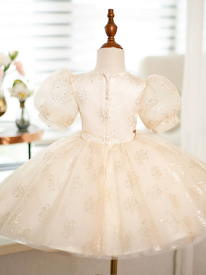 Princess Champagne Organza Back Zip Baptism Flower(s) Tea Length Short Sleeve Puff Sleeve Round Flower Girl Dress