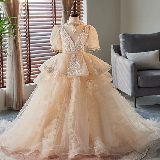 Princess Champagne Organza Crossed Straps Baptism Lace Floor Length Short Sleeve Puff Sleeve Jewel Neck Flower Girl Dress